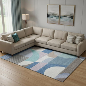 HomeRoots 10' X 14' Sky Blue Teal Ivory Geometric Area Rug - Washable, UV Protected, Durable for Busy Homes 696584
