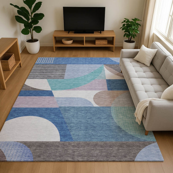 HomeRoots 10' X 14' Sky Blue Teal Ivory Geometric Area Rug - Washable, UV Protected, Durable for Busy Homes 696584