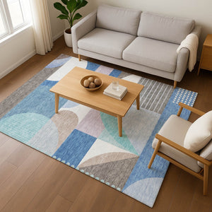 HomeRoots 10' X 14' Sky Blue Teal Ivory Geometric Area Rug - Washable, UV Protected, Durable for Busy Homes 696584