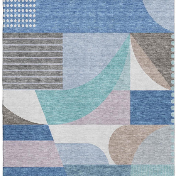 HomeRoots 10' X 14' Sky Blue Teal Ivory Geometric Area Rug - Washable, UV Protected, Durable for Busy Homes 696584