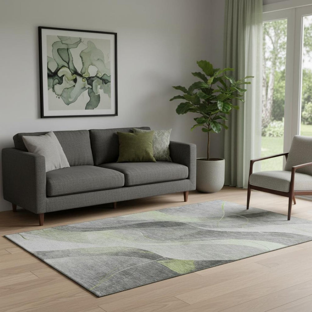HomeRoots 5' X 8' Artichoke Green Gray Silver Abstract Area Rug – Washable, UV-Protected, Durable for Homes 696586