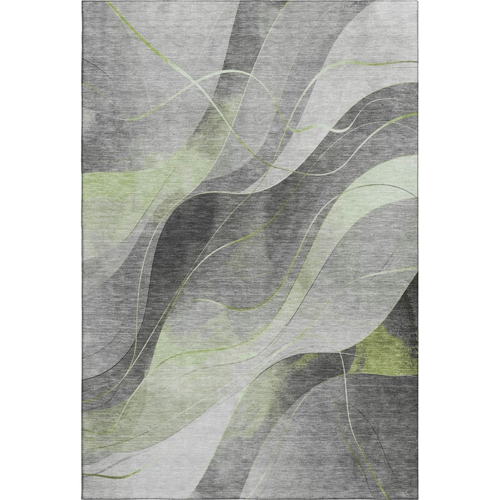 HomeRoots 5' X 8' Artichoke Green Gray Silver Abstract Area Rug – Washable, UV-Protected, Durable for Homes 696586