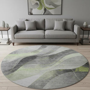 HomeRoots 8' Artichoke Green Gray Silver Washable Round Rug - Stylish, UV-Protected, Stain-Resistant Design! 696587