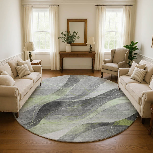 HomeRoots 8' Artichoke Green Gray Silver Washable Round Rug - Stylish, UV-Protected, Stain-Resistant Design! 696587