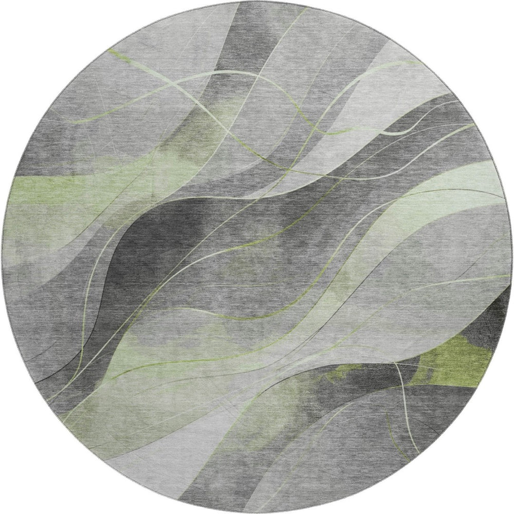 HomeRoots 8' Artichoke Green Gray Silver Washable Round Rug - Stylish, UV-Protected, Stain-Resistant Design! 696587