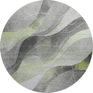 HomeRoots 8' Artichoke Green Gray Silver Washable Round Rug - Stylish, UV-Protected, Stain-Resistant Design! 696587