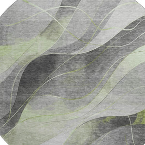 HomeRoots 8' Artichoke Green Gray Silver Washable Round Rug - Stylish, UV-Protected, Stain-Resistant Design! 696587