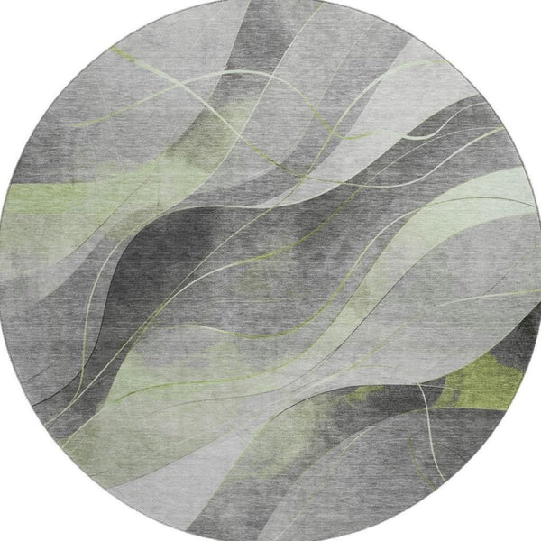 HomeRoots 8' Artichoke Green Gray Silver Washable Round Rug - Stylish, UV-Protected, Stain-Resistant Design! 696587