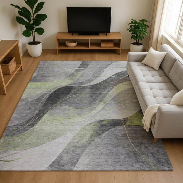 HomeRoots 8' X 10' Stylish Artichoke Green Gray Silver Abstract Washable Area Rug with UV Protection & Durability 696588
