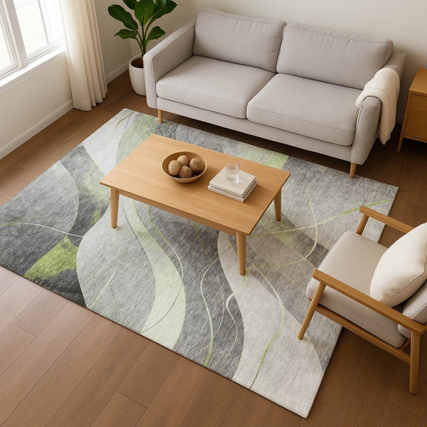 HomeRoots 8' X 10' Stylish Artichoke Green Gray Silver Abstract Washable Area Rug with UV Protection & Durability 696588