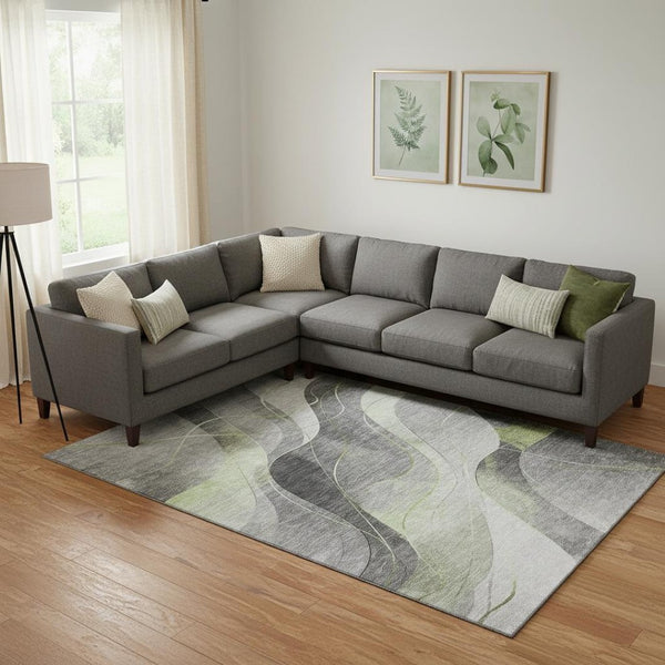 HomeRoots 9' X 12' Artichoke Green Abstract Area Rug - Washable, Stain-Resistant with UV Protection for Modern Homes 696589