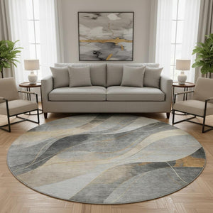 HomeRoots 8' Gray-Silver & Coral Abstract Washable Round Rug with UV Protection for High-Traffic Spaces 696593