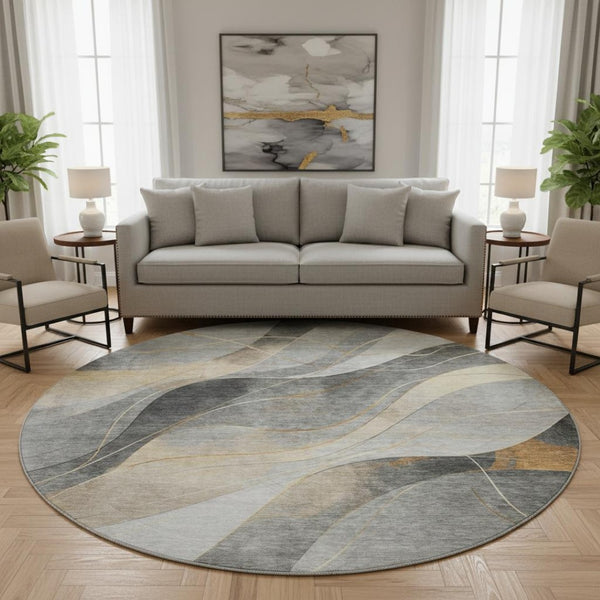 HomeRoots 8' Gray-Silver & Coral Abstract Washable Round Rug with UV Protection for High-Traffic Spaces 696593