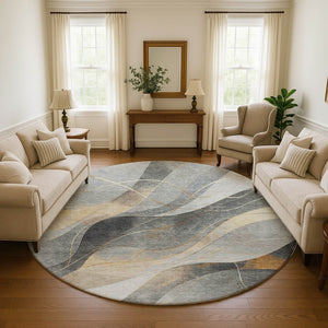 HomeRoots 8' Gray-Silver & Coral Abstract Washable Round Rug with UV Protection for High-Traffic Spaces 696593