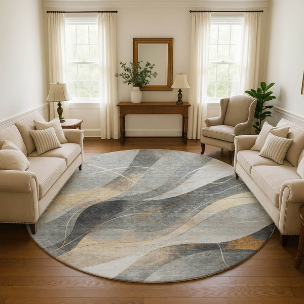 HomeRoots 8' Gray-Silver & Coral Abstract Washable Round Rug with UV Protection for High-Traffic Spaces 696593