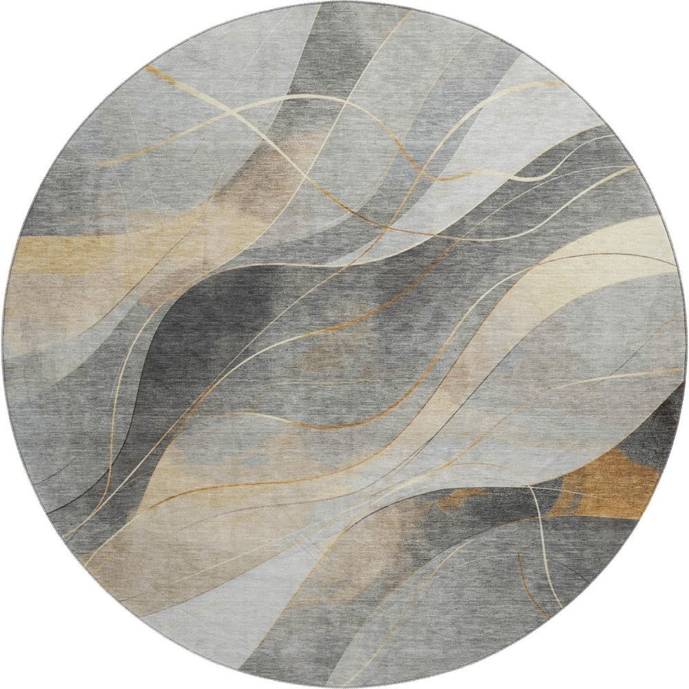 HomeRoots 8' Gray-Silver & Coral Abstract Washable Round Rug with UV Protection for High-Traffic Spaces 696593