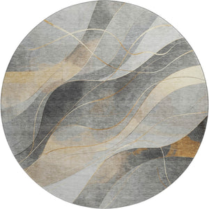 HomeRoots 8' Gray-Silver & Coral Abstract Washable Round Rug with UV Protection for High-Traffic Spaces 696593