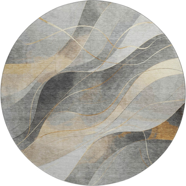 HomeRoots 8' Gray-Silver & Coral Abstract Washable Round Rug with UV Protection for High-Traffic Spaces 696593