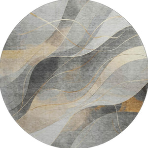 HomeRoots 8' Gray-Silver & Coral Abstract Washable Round Rug with UV Protection for High-Traffic Spaces 696593