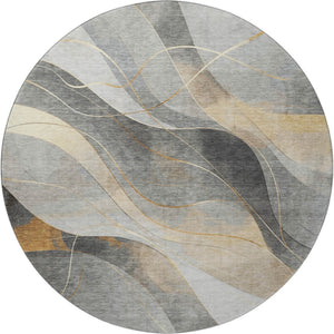 HomeRoots 8' Gray-Silver & Coral Abstract Washable Round Rug with UV Protection for High-Traffic Spaces 696593