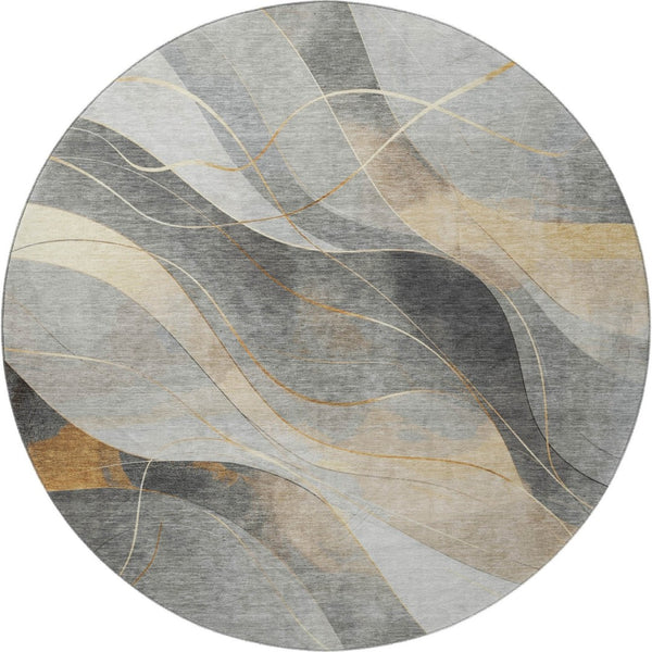HomeRoots 8' Gray-Silver & Coral Abstract Washable Round Rug with UV Protection for High-Traffic Spaces 696593
