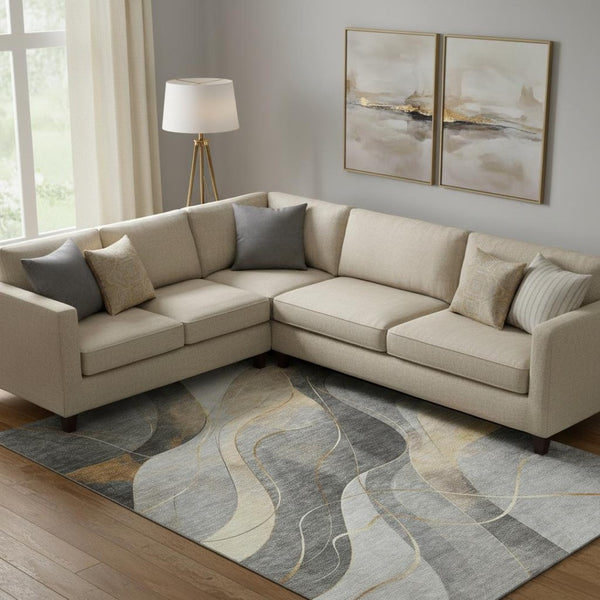 HomeRoots 10' X 14' Gray-Silver & Coral Abstract Washable Area Rug - UV Protected, Durable & Low Maintenance! 696596
