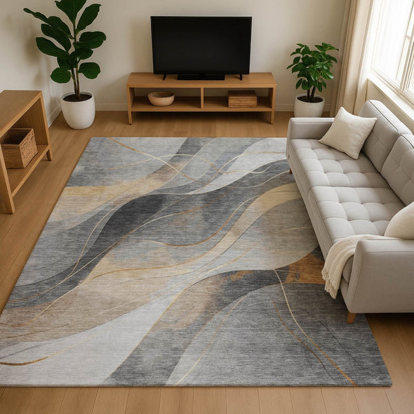 HomeRoots 10' X 14' Gray-Silver & Coral Abstract Washable Area Rug - UV Protected, Durable & Low Maintenance! 696596