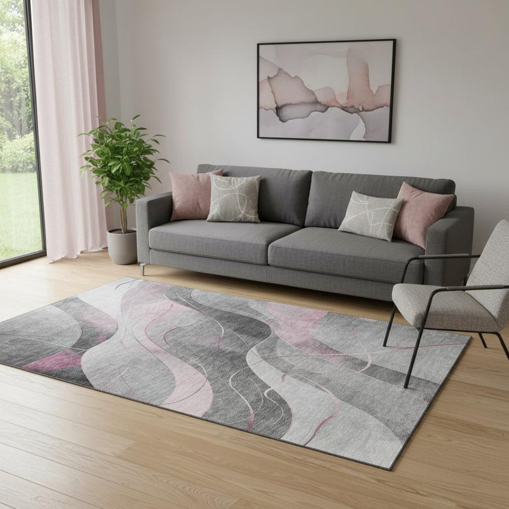 HomeRoots 5' X 8' Washable Pink Gray Silver Abstract Area Rug with UV Protection - Stylish, Durable, Non-Slip 696598