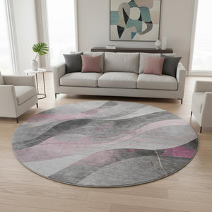 HomeRoots 8' Modern Pink Gray Silver Abstract Washable Round Rug with UV Protection for High-Traffic Areas 696599