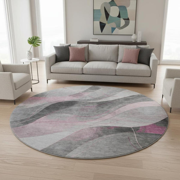 HomeRoots 8' Modern Pink Gray Silver Abstract Washable Round Rug with UV Protection for High-Traffic Areas 696599