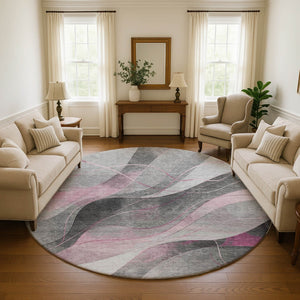HomeRoots 8' Modern Pink Gray Silver Abstract Washable Round Rug with UV Protection for High-Traffic Areas 696599