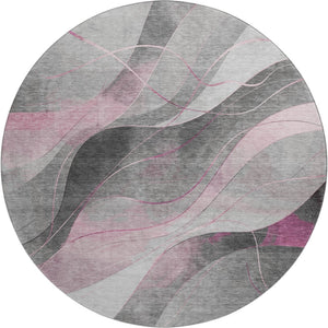 HomeRoots 8' Modern Pink Gray Silver Abstract Washable Round Rug with UV Protection for High-Traffic Areas 696599