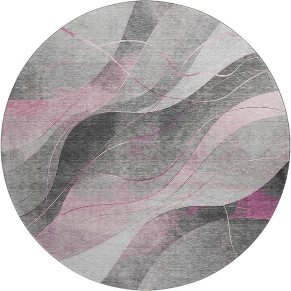 HomeRoots 8' Modern Pink Gray Silver Abstract Washable Round Rug with UV Protection for High-Traffic Areas 696599