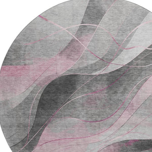 HomeRoots 8' Modern Pink Gray Silver Abstract Washable Round Rug with UV Protection for High-Traffic Areas 696599