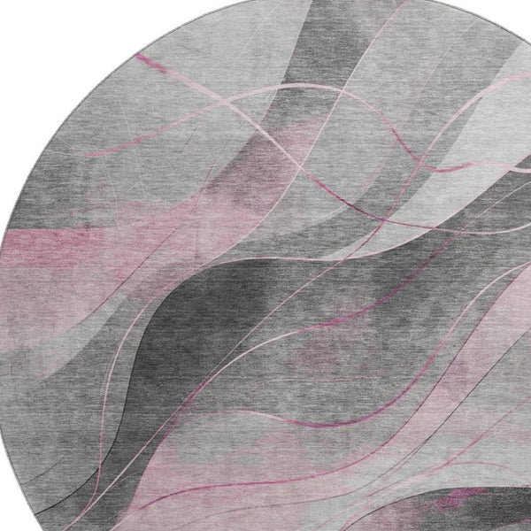 HomeRoots 8' Modern Pink Gray Silver Abstract Washable Round Rug with UV Protection for High-Traffic Areas 696599