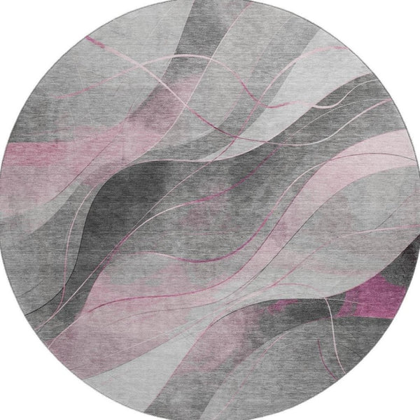 HomeRoots 8' Modern Pink Gray Silver Abstract Washable Round Rug with UV Protection for High-Traffic Areas 696599