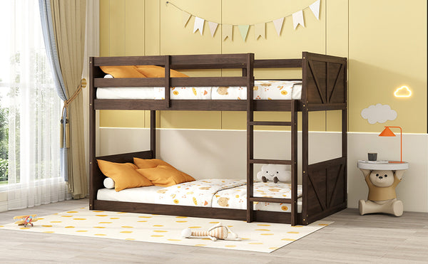 English Elm Twin Twin over Twin Floor Bunk Bed with Rustic Panel Headboards, Solid Rubberwood Frame, Space-Saving Design Antique Dark Oak W504P263818