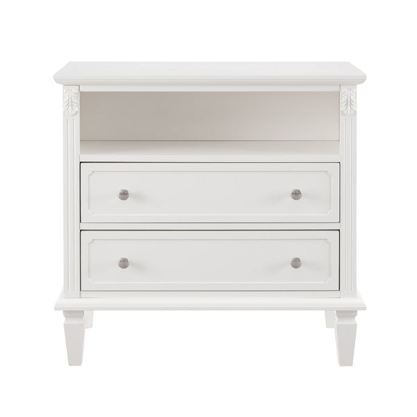 English Elm Open Dresser Nightstand with Charging Station and Open Shelf, 2 Drawers, Solid Wood Legs, Farmhouse Appeal White W1693P216932