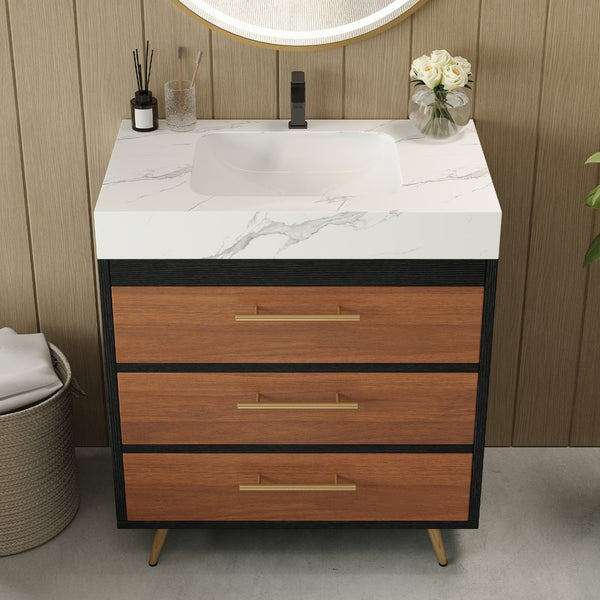 English Elm Modern Freestanding Vanity with Vessel Sink Sintered Stone Top and Gold Steel Legs W3136S00053