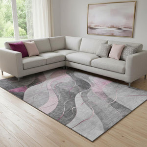 HomeRoots 8' X 10' Abstract Pink Gray Silver Area Rug – Washable, Stain-Resistant, UV Protected for Durability 696600