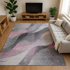 HomeRoots 8' X 10' Abstract Pink Gray Silver Area Rug – Washable, Stain-Resistant, UV Protected for Durability 696600