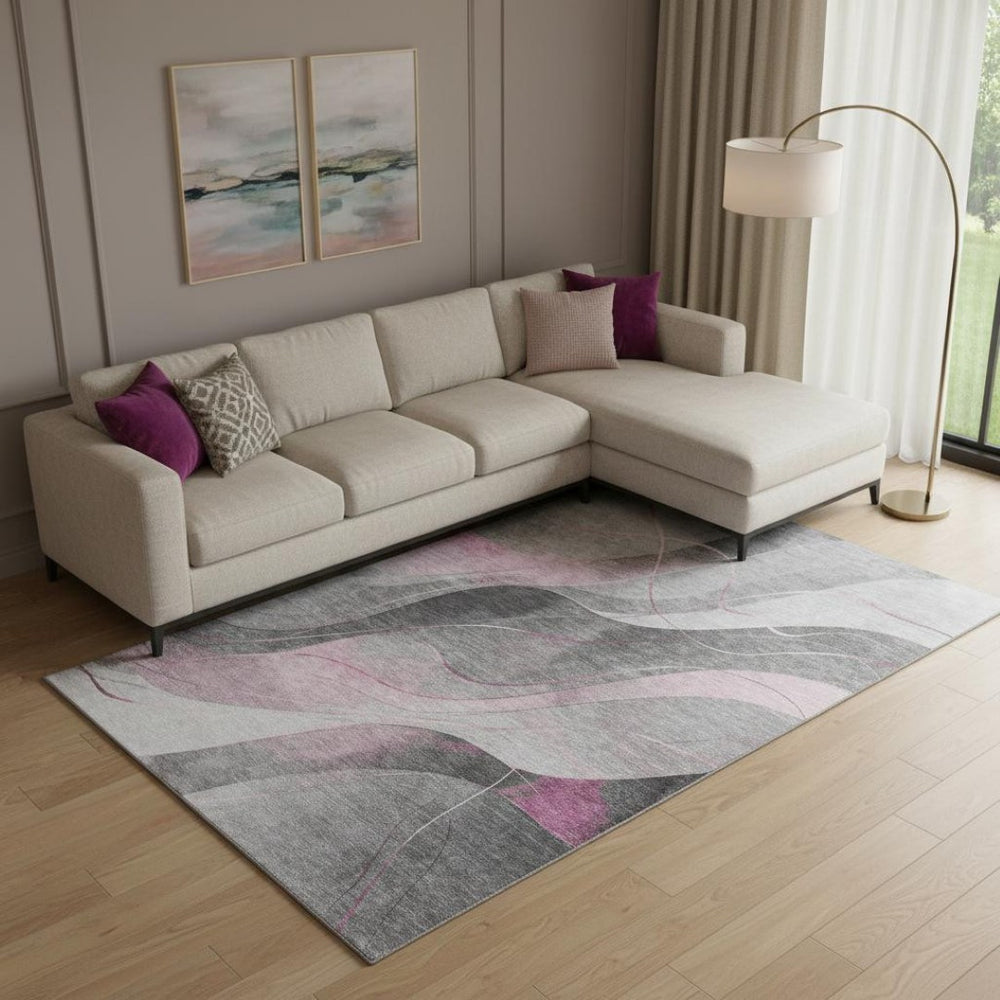 HomeRoots 9' X 12' Pink Gray Silver Abstract Area Rug - Washable, UV Protected, Modern Design for Busy Homes 696601