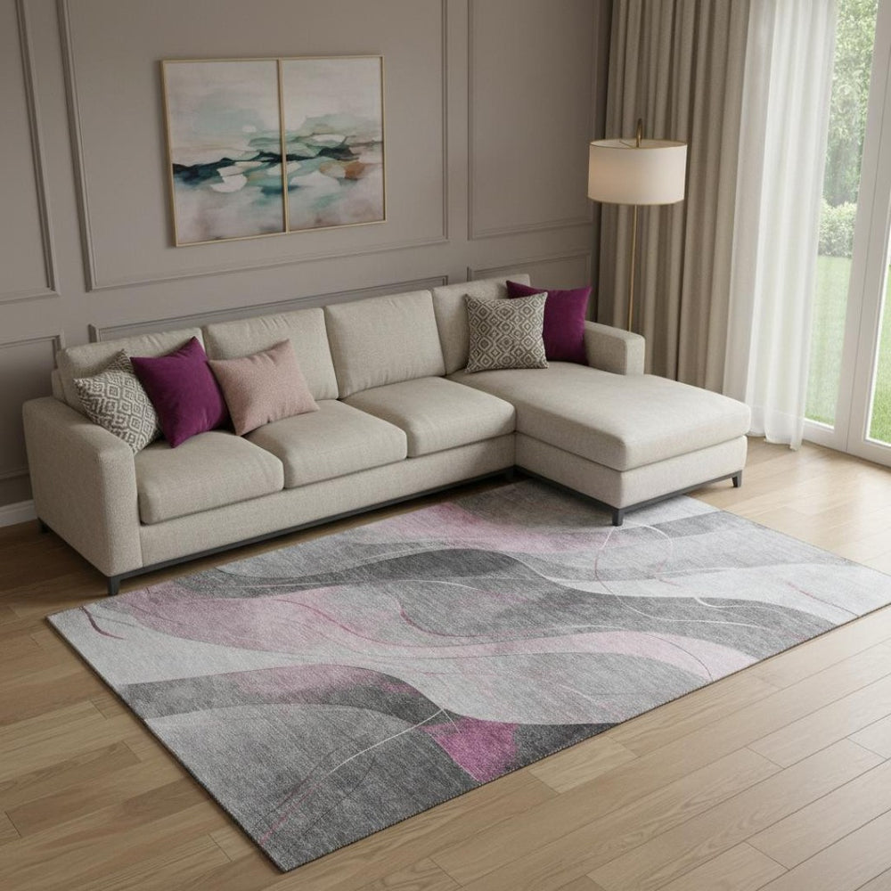 HomeRoots 10' X 14' Washable Abstract Area Rug in Pink, Gray & Silver - UV Protected & Stain Resistant Design 696602