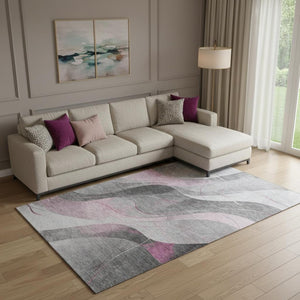 HomeRoots 10' X 14' Washable Abstract Area Rug in Pink, Gray & Silver - UV Protected & Stain Resistant Design 696602