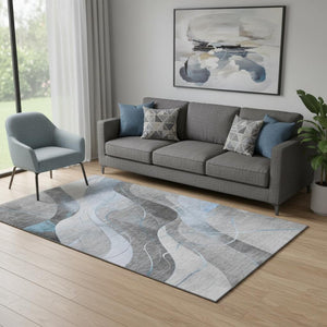 HomeRoots 5' X 8' Sky Blue Gray Silver Abstract Rug - Washable, UV Protection, Stain Resistant, Non-Slip Backing 696604