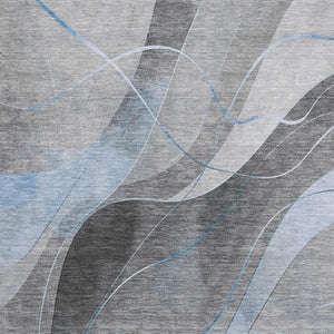 HomeRoots 5' X 8' Sky Blue Gray Silver Abstract Rug - Washable, UV Protection, Stain Resistant, Non-Slip Backing 696604