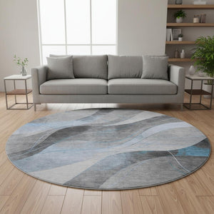 HomeRoots 8' Sky Blue Gray Silver Abstract Round Rug - Washable, UV Protected, Durable for High Traffic Areas 696605