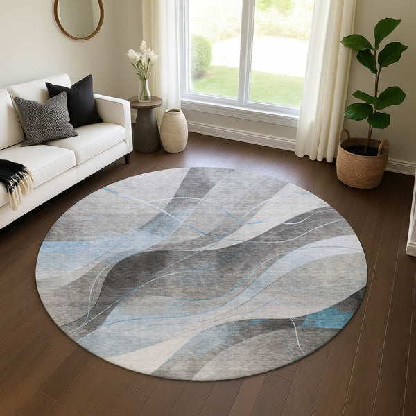 HomeRoots 8' Sky Blue Gray Silver Abstract Round Rug - Washable, UV Protected, Durable for High Traffic Areas 696605