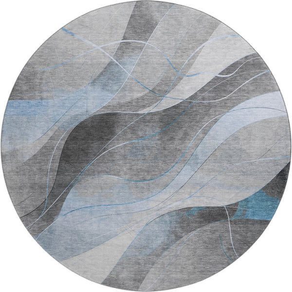 HomeRoots 8' Sky Blue Gray Silver Abstract Round Rug - Washable, UV Protected, Durable for High Traffic Areas 696605