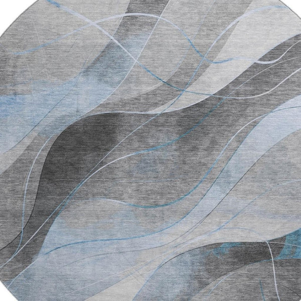 HomeRoots 8' Sky Blue Gray Silver Abstract Round Rug - Washable, UV Protected, Durable for High Traffic Areas 696605
